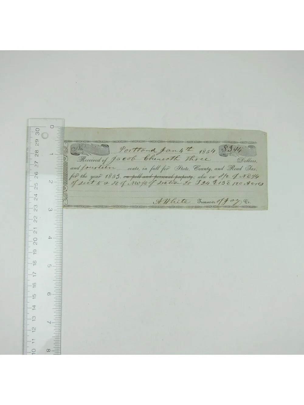 Portland Indiana Jay County Property Tax Bill Treasurer White Antique 1854 RARE